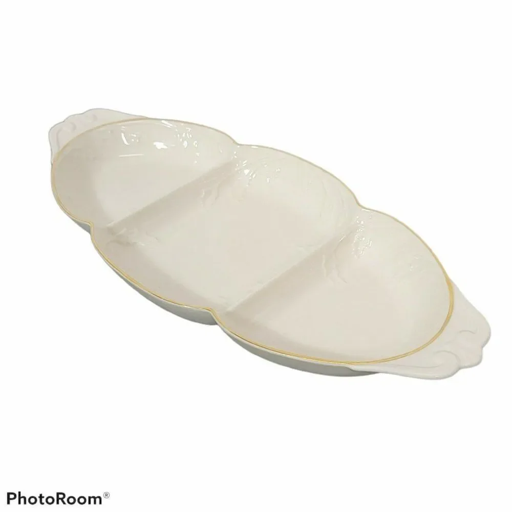 Lenox Off White Ceramic Holiday Heirloom 3 Part Relish Server Tray China Platter